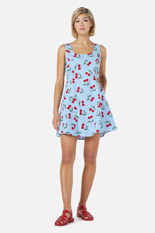 Image of a model wearing Dress. Productname: Cherry Girl Mini Dress in Blue colour by brand - Princess Highway