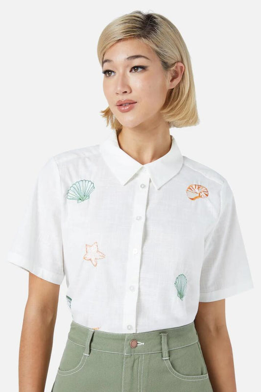 Image of a model wearing Tops. Productname: Shells Emb Shirt in Cream colour by brand - Princess Highway