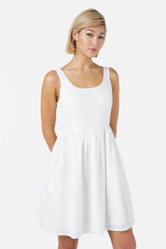 Image of a model wearing Dress. Productname: Trinity Mini Dress in White colour by brand - Princess Highway