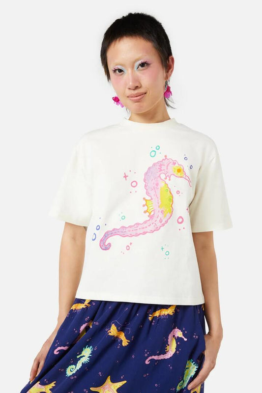 Image of a model wearing Tops. Productname: Seahorse Tee in Cream colour by brand - Dangerfield