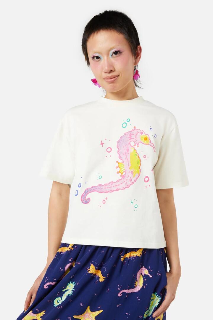 Image of a model wearing Tops. Productname: Seahorse Tee in Cream colour by brand - Dangerfield