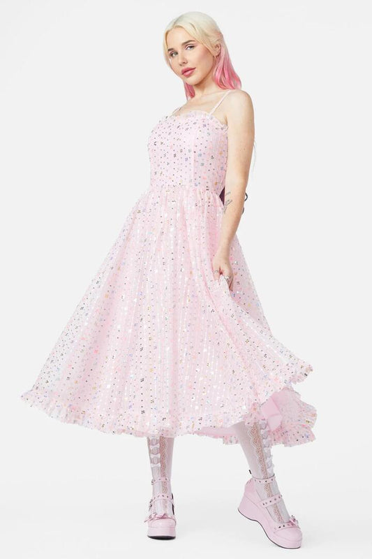 Image of a model wearing Dress. Productname: Bubbles Dress in Pink colour by brand - Dangerfield