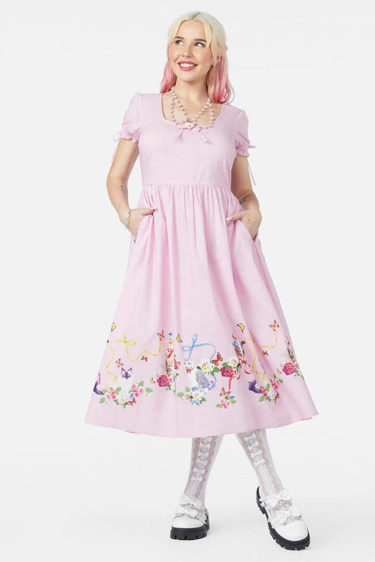 Image of a model wearing Dress. Productname: Kitsch Kitty Midi Dress in Pink colour by brand - Dangerfield