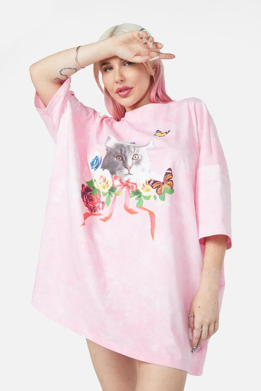 Image of a model wearing Tops. Productname: Rose Garden OS Tee in Pink colour by brand - Dangerfield