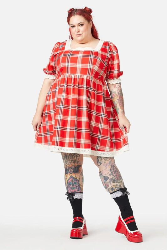 Image of a model wearing Dress. Productname: Curve Queen Of Cats Tartan Dress in Red colour by brand - Dangerfield