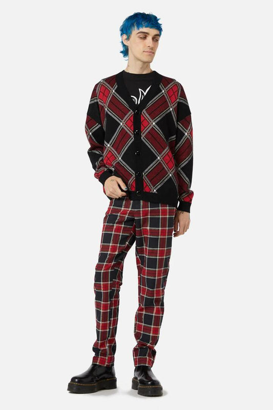 Image of a model wearing Outerwear. Productname: Boundless Tartan Cardi in Red colour by brand - Dangerfield