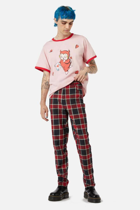Image of a model wearing Pants. Productname: Boundless Tartan Unisex Pants in Red colour by brand - Dangerfield