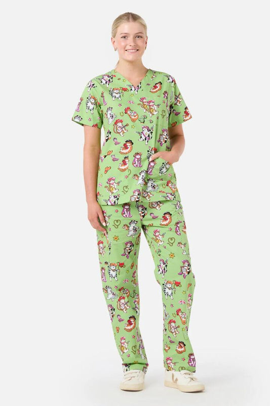 Image of a model wearing Uniforms & Workwear. Productname: Meowdy Scrub Set in Green colour by brand - Dangerfield