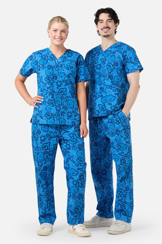 Image of a model wearing Uniforms & Workwear. Productname: Outlaw Scrub Set in Blue colour by brand - Dangerfield