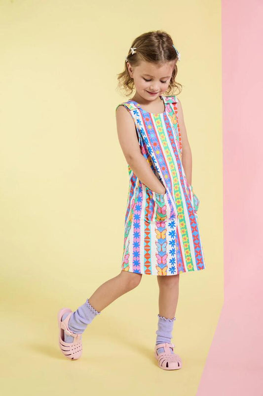 Image of a model wearing Dress. Productname: Daisy Stripe Kids Dress in Multi colour by brand - Princess Highway Kids