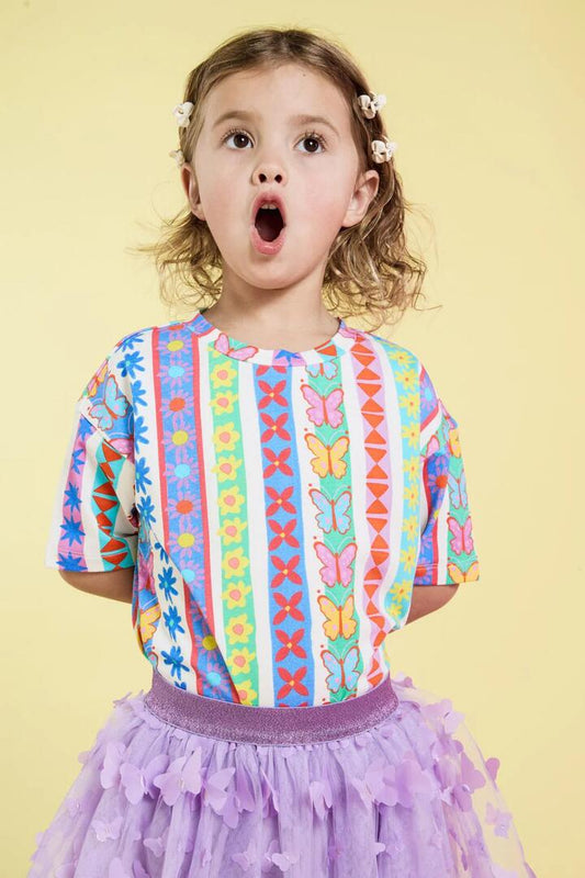 Image of a model wearing Tops. Productname: Daisy Stripe Kids SS Tee in Multi colour by brand - Princess Highway Kids