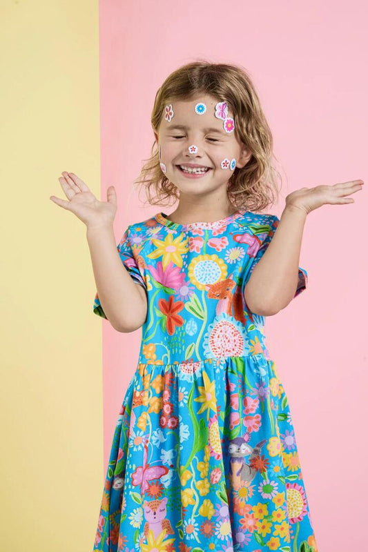 Image of a model wearing Dress. Productname: Folk Flower Kids Dress in Blue colour by brand - Princess Highway Kids