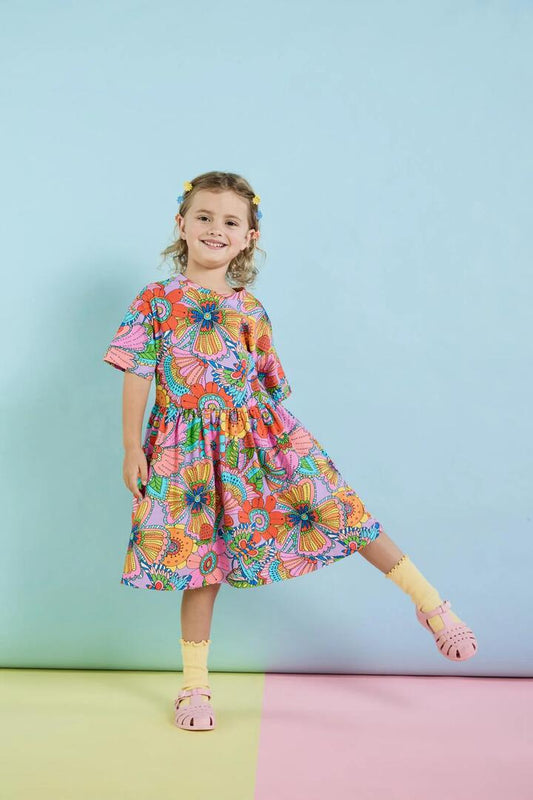 Image of a model wearing Dress. Productname: Paisley Floral Kids Dress in Pink colour by brand - Princess Highway Kids