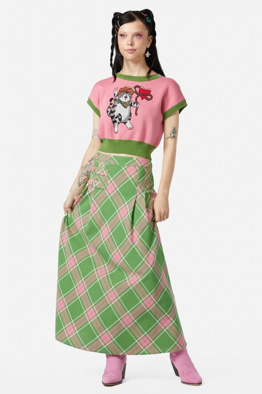 Image of a model wearing Skirts. Productname: Ranch Tartan Midi Skirt in Green/Pink colour by brand - Dangerfield