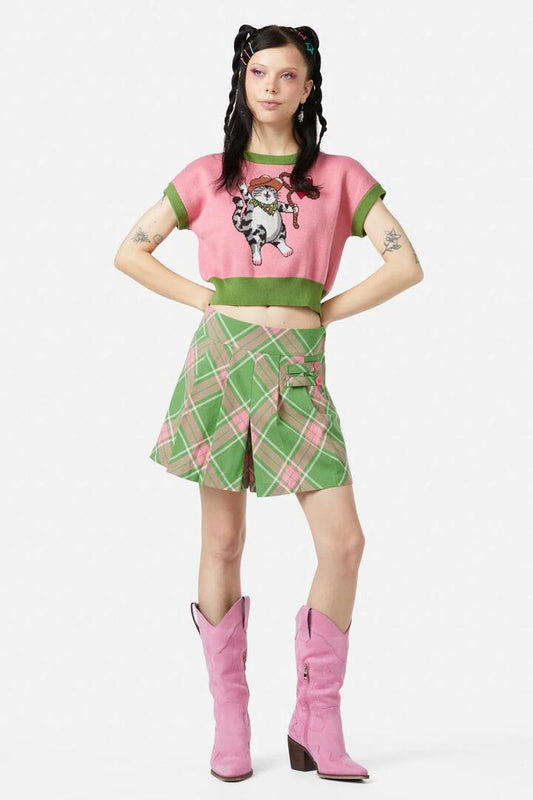 Image of a model wearing Skirts. Productname: Ranch Tartan Skort in Green/Pink colour by brand - Dangerfield