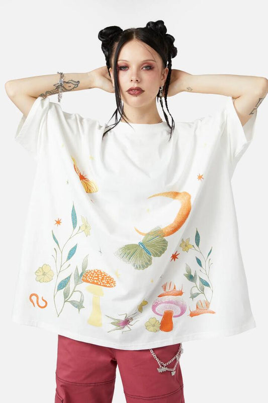 Image of a model wearing Tops. Productname: Scenic Nights OS Tee in Cream colour by brand - Black Friday