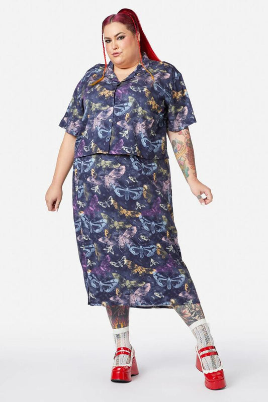 Image of a model wearing Tops. Productname: Curve Lunar Moth Print Blouse in Navy colour by brand - Black Friday