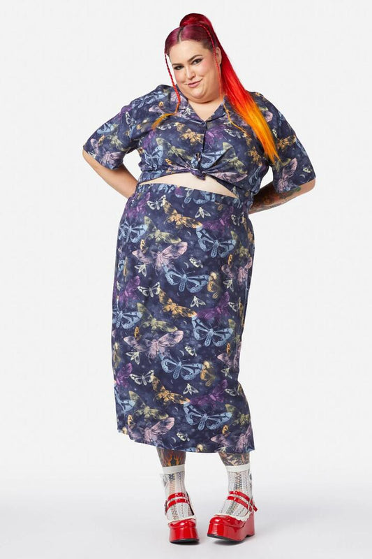 Image of a model wearing Skirts. Productname: Curve Lunar Moth Print Maxi Skirt in Navy colour by brand - Black Friday