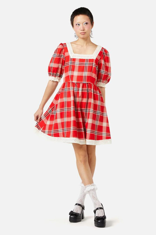 Image of a model wearing Dress. Productname: Queen Of Cats Tartan Dress in Red colour by brand - Dangerfield