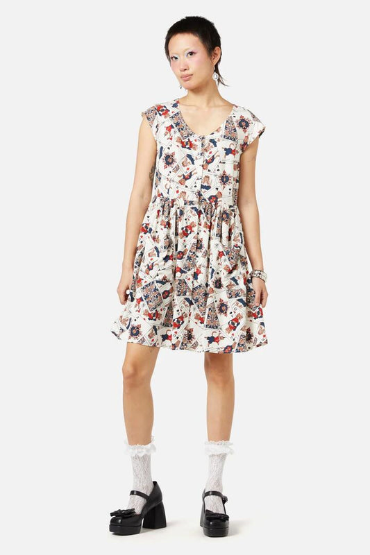 Image of a model wearing Dress. Productname: Queen Of Cats Print Dress in Cream colour by brand - Dangerfield