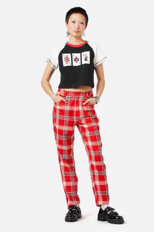 Image of a model wearing Pants. Productname: Queen Of Cats Tartan Pant in Red colour by brand - Dangerfield