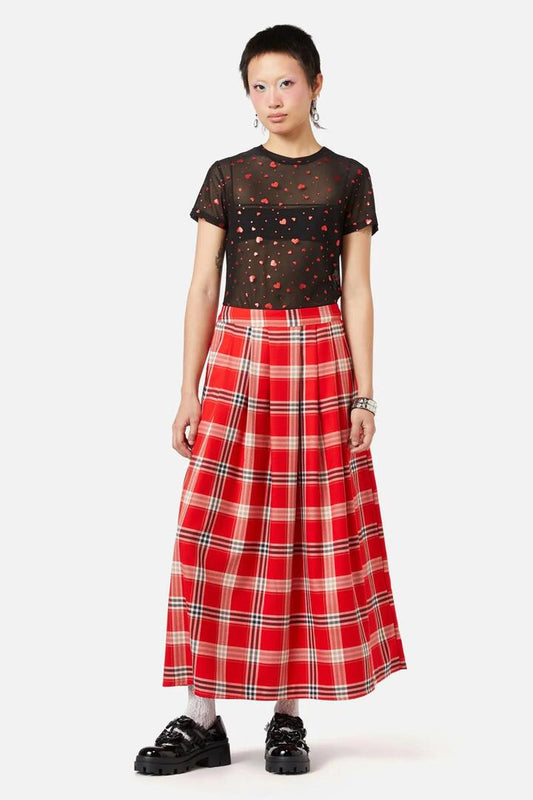 Image of a model wearing Skirts. Productname: Queen Of Cats Tartan Skirt in Red colour by brand - Dangerfield