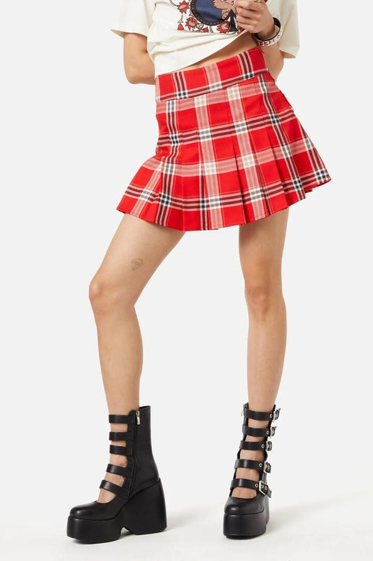 Image of a model wearing Skirts. Productname: Queen Of Cats Tartan Skort in Red colour by brand - Dangerfield