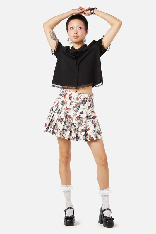 Image of a model wearing Skirts. Productname: Queen Of Cats Print Skort in Cream colour by brand - Dangerfield