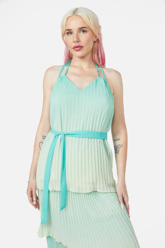 Image of a model wearing Tops. Productname: Shell Halter Neck Top in Teal colour by brand - Dangerfield