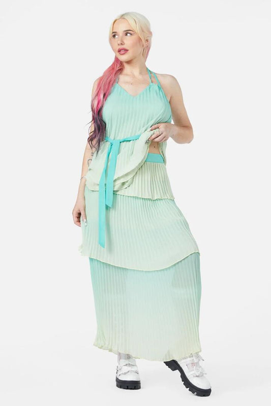 Image of a model wearing Skirts. Productname: Shell Tier Skirt in Teal colour by brand - Dangerfield