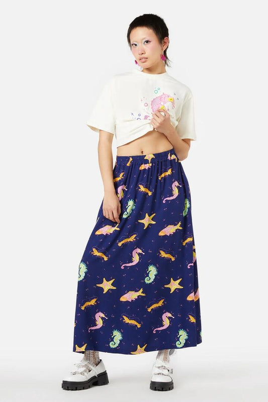 Image of a model wearing Skirts. Productname: Riptide Skirt in Navy colour by brand - Dangerfield