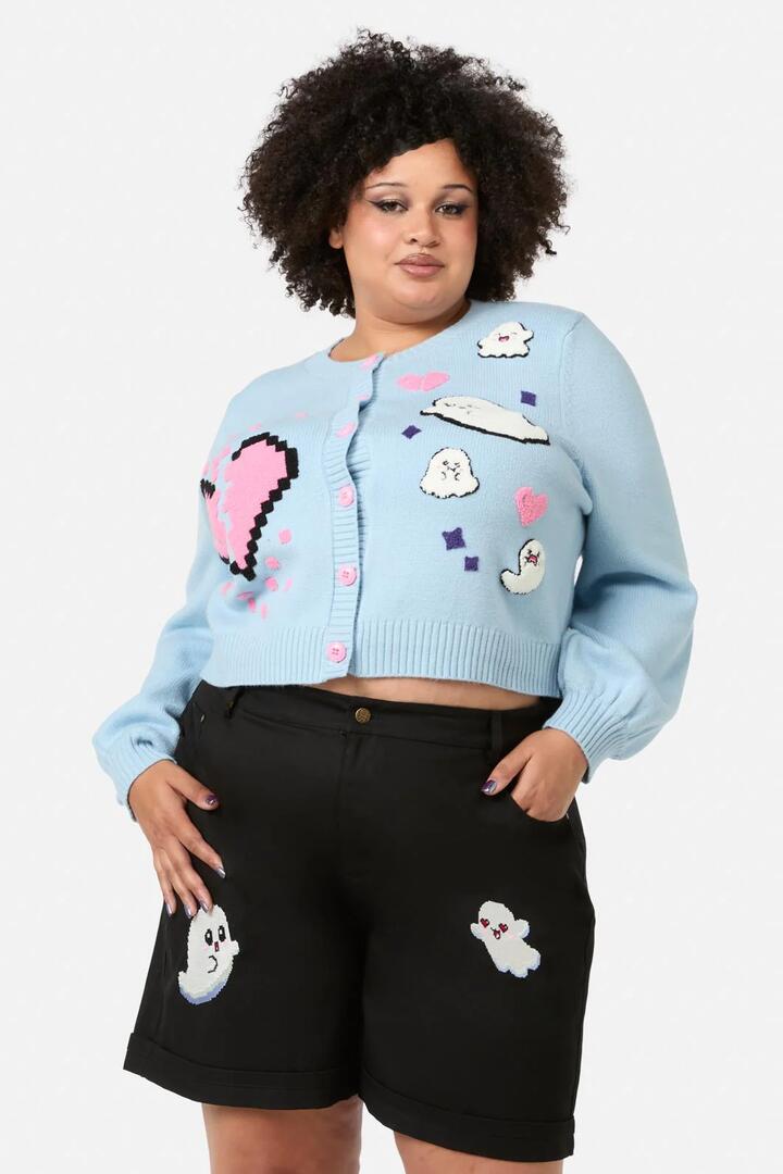 Image of a model wearing Outerwear. Productname: Curve Ghostie Cardigan in Blue colour by brand - Black Friday