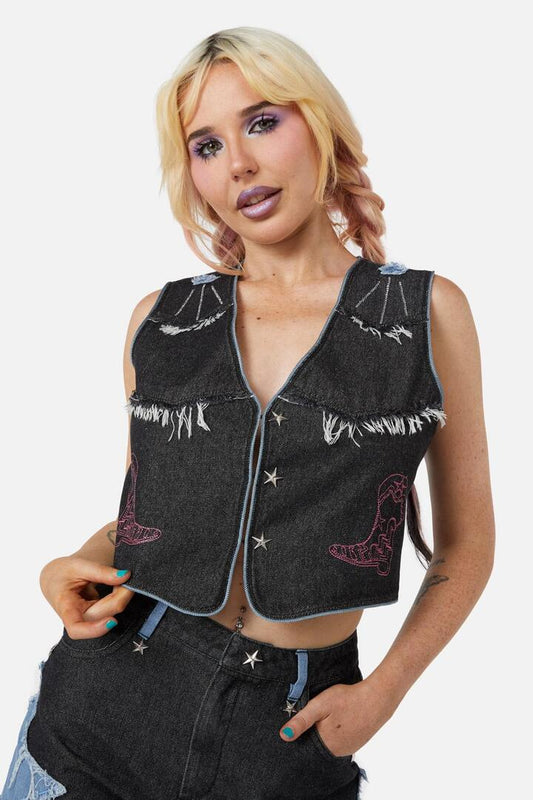 Image of a model wearing Tops. Productname: Catwalk Assassin Vest in Black colour by brand - Dangerfield
