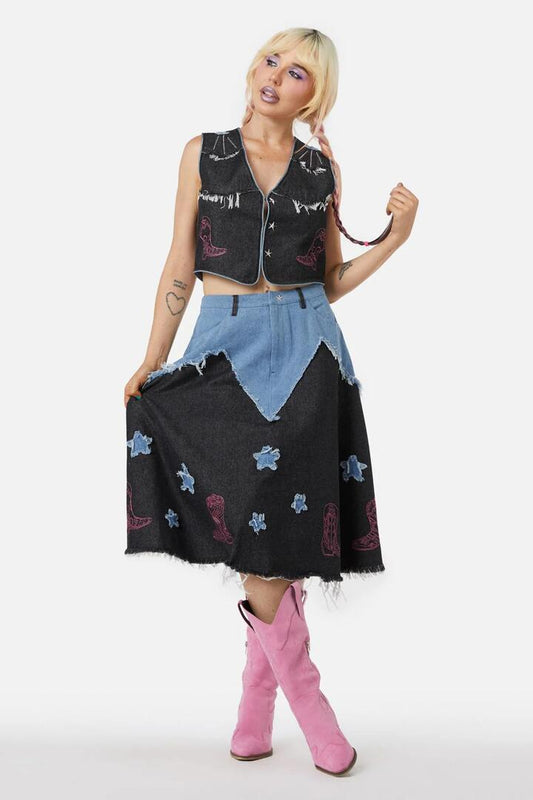 Image of a model wearing Skirts. Productname: Catwalk Assassin Skirt in Black/Blue colour by brand - Dangerfield