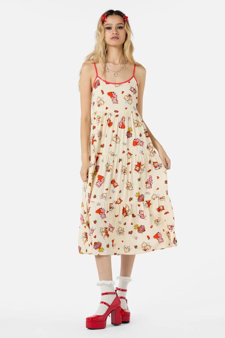 Image of a model wearing Dress. Productname: Love Found Tier Dress in Cream colour by brand - Dangerfield