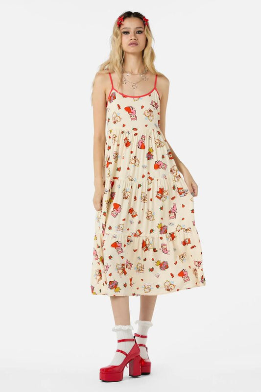 Image of a model wearing Dress. Productname: Love Found Tier Dress in Cream colour by brand - Dangerfield