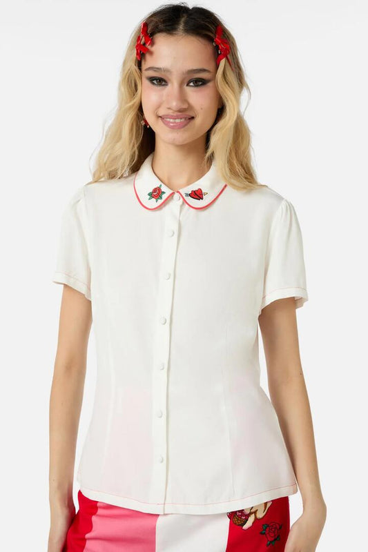 Image of a model wearing Tops. Productname: Collar Embroidery Blouse in Cream colour by brand - Dangerfield