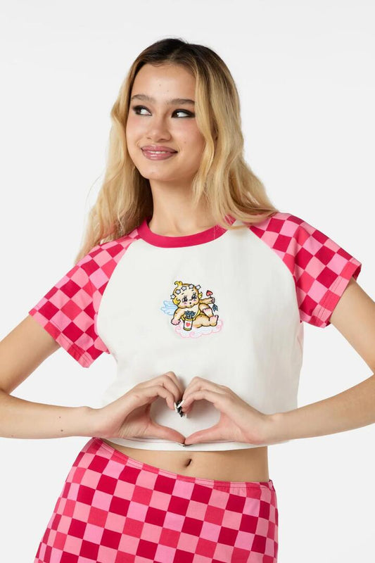 Image of a model wearing Tops. Productname: Valentynes Baby Tee in White colour by brand - Dangerfield