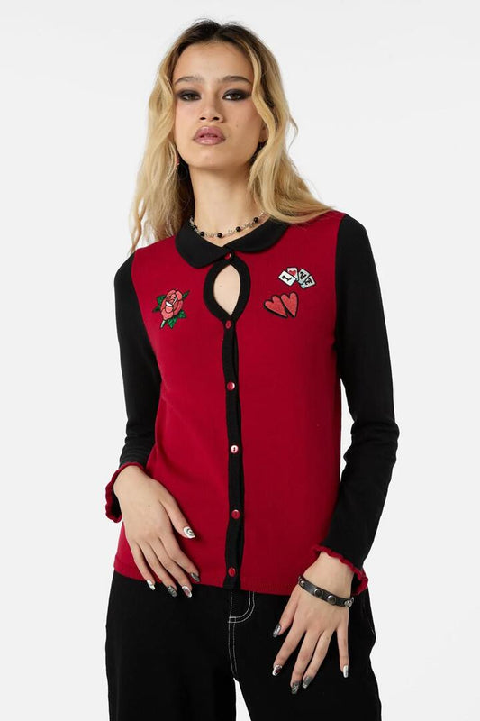 Image of a model wearing Outerwear. Productname: Eros Contrast Cardi in Red/Black colour by brand - Dangerfield