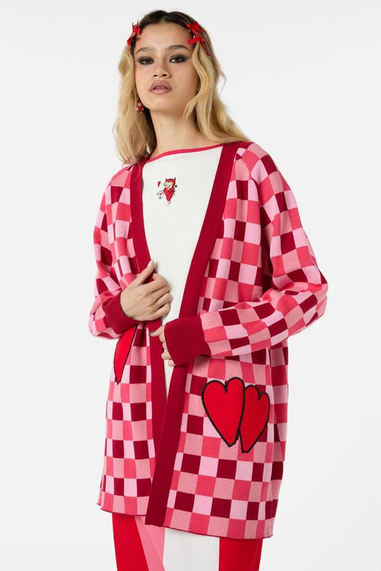 Image of a model wearing Outerwear. Productname: Valentynes Check Cardi in Pink/Red colour by brand - Dangerfield