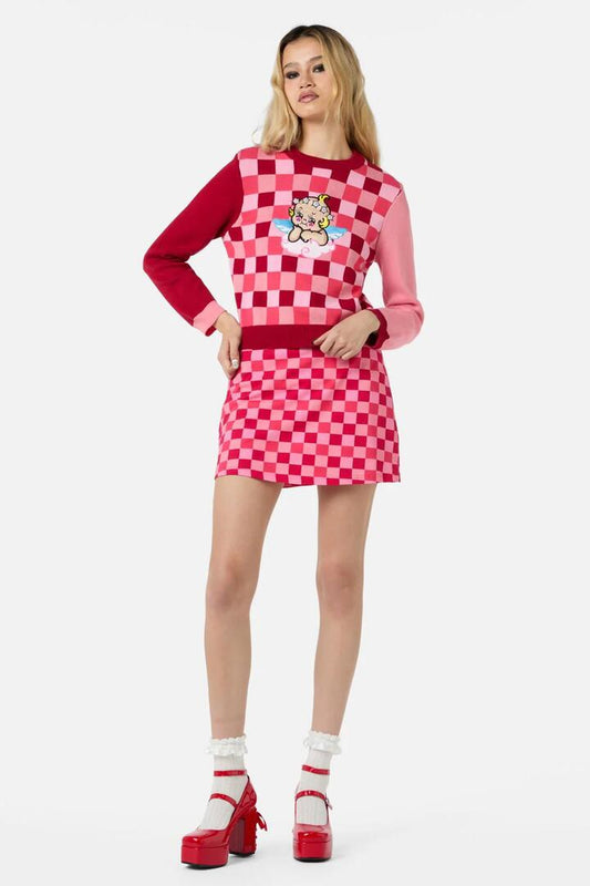 Image of a model wearing Tops. Productname: Valentynes Contrast Knit in Pink/Red colour by brand - Dangerfield