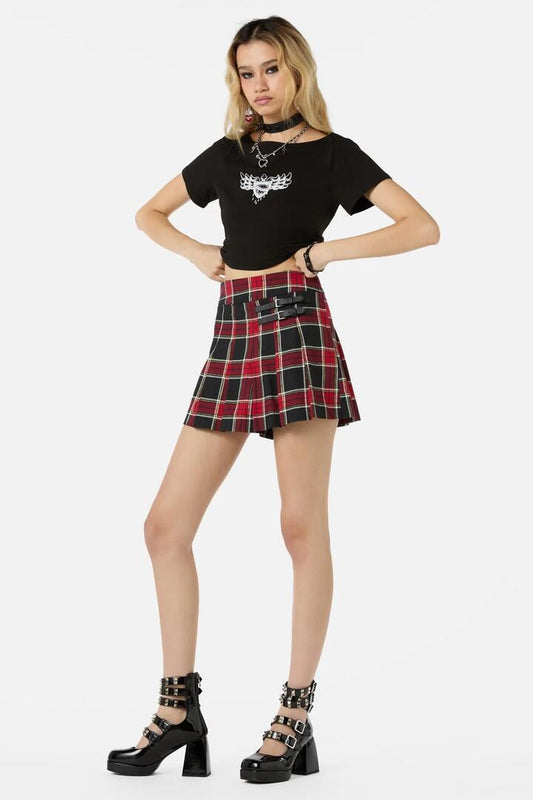 Image of a model wearing Skirts. Productname: Boundless Tartan Skort in Red colour by brand - Dangerfield