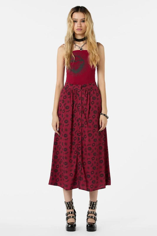 Image of a model wearing Skirts. Productname: Mercy Midi Skirt in Raspberry colour by brand - Dangerfield