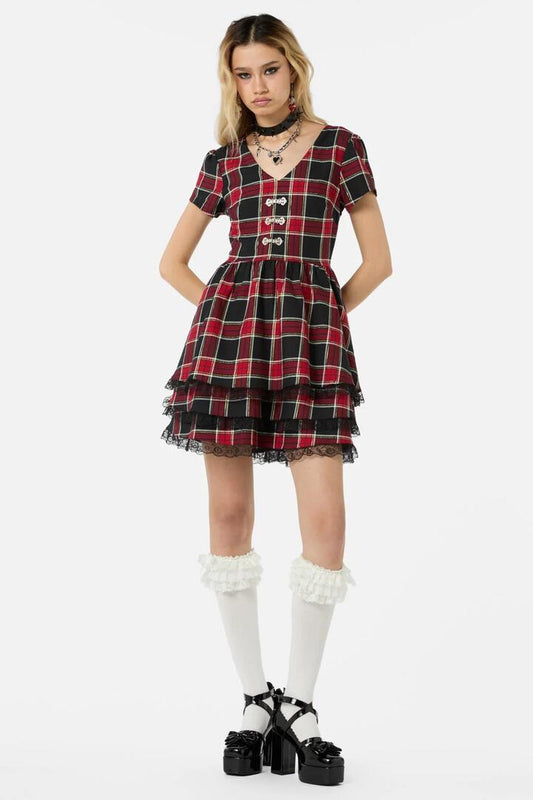 Image of a model wearing Dress. Productname: Boundless Tartan Dress in Red colour by brand - Dangerfield