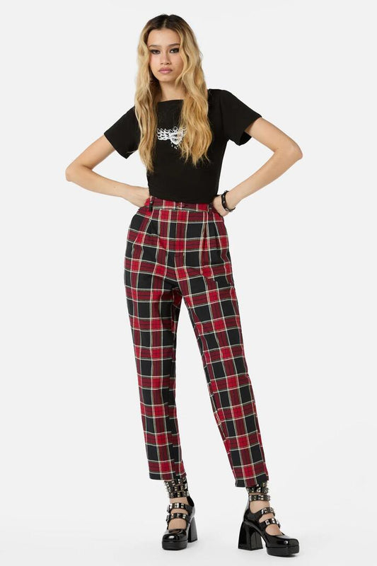 Image of a model wearing Pants. Productname: Boundless Tartan Pant in Red colour by brand - Dangerfield