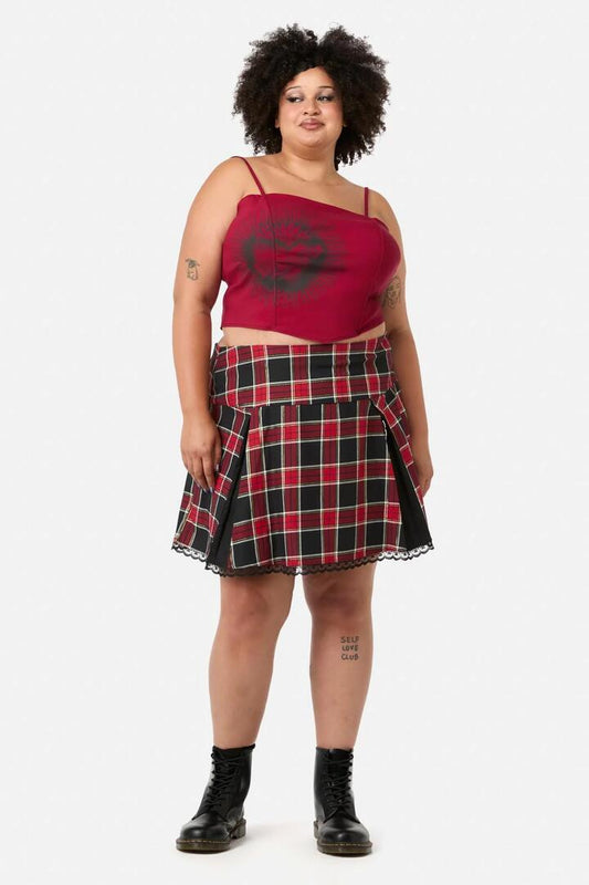 Image of a model wearing Skirts. Productname: Curve Boundless Tartan Skirt in Red colour by brand - Dangerfield