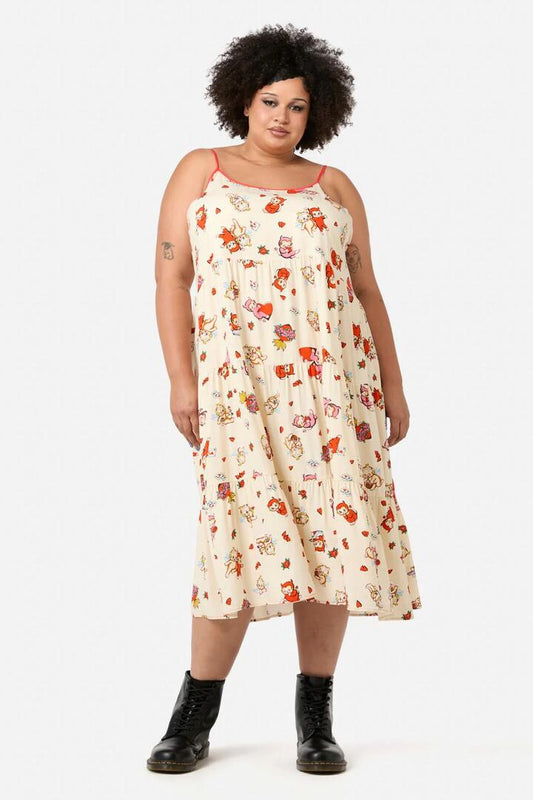 Image of a model wearing Dress. Productname: Curve Love Found Tier Dress in Cream colour by brand - Dangerfield