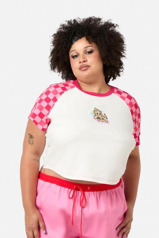 Image of a model wearing Tops. Productname: Curve Valentynes Baby Tee in White colour by brand - Dangerfield