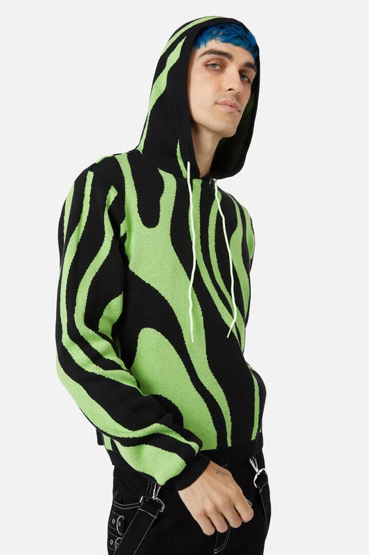 Image of a model wearing Outerwear. Productname: Ghost Wave Knit Hoodie in Black/Green colour by brand - Black Friday