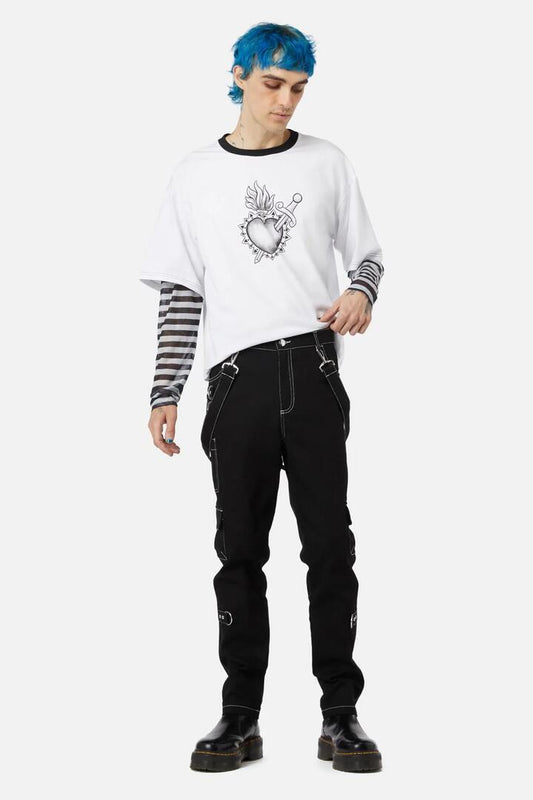 Image of a model wearing Pants. Productname: EVP Buckle Pant in Black colour by brand - Black Friday
